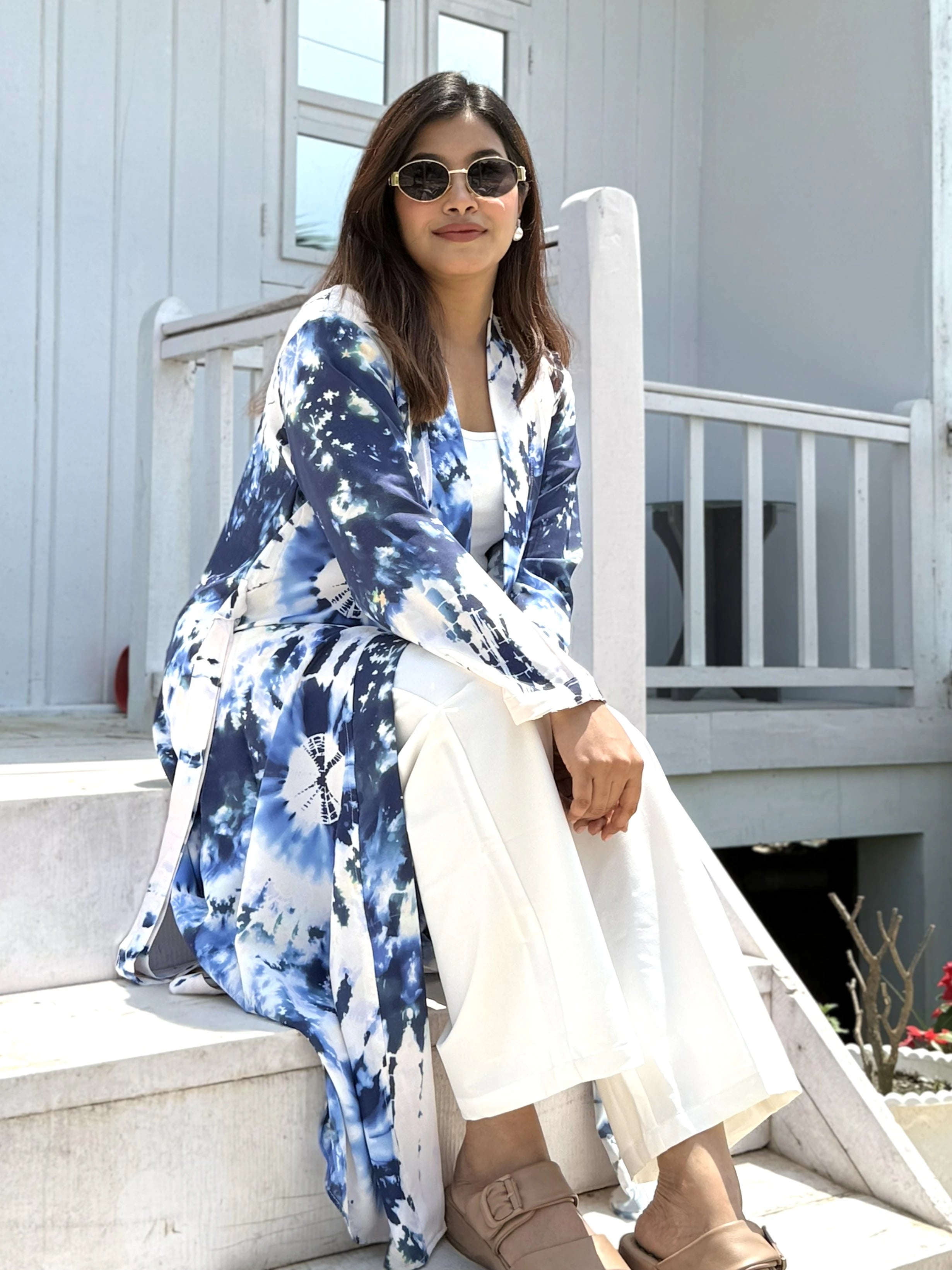 Ocean Mist - Blue & White Tie-Dye Elegant  Long Shrug for wmen. can be style in vacation,tour,outting or more places. Buy long shrug from Trendy Buzz.