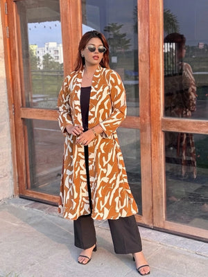 Honey Beige Long Shrug - Elegant Printed Front-Open Statement Layer for Women. Best western fit in bd. long Shrug that can be style with formal pant and tank top available on Trendy Buzz.