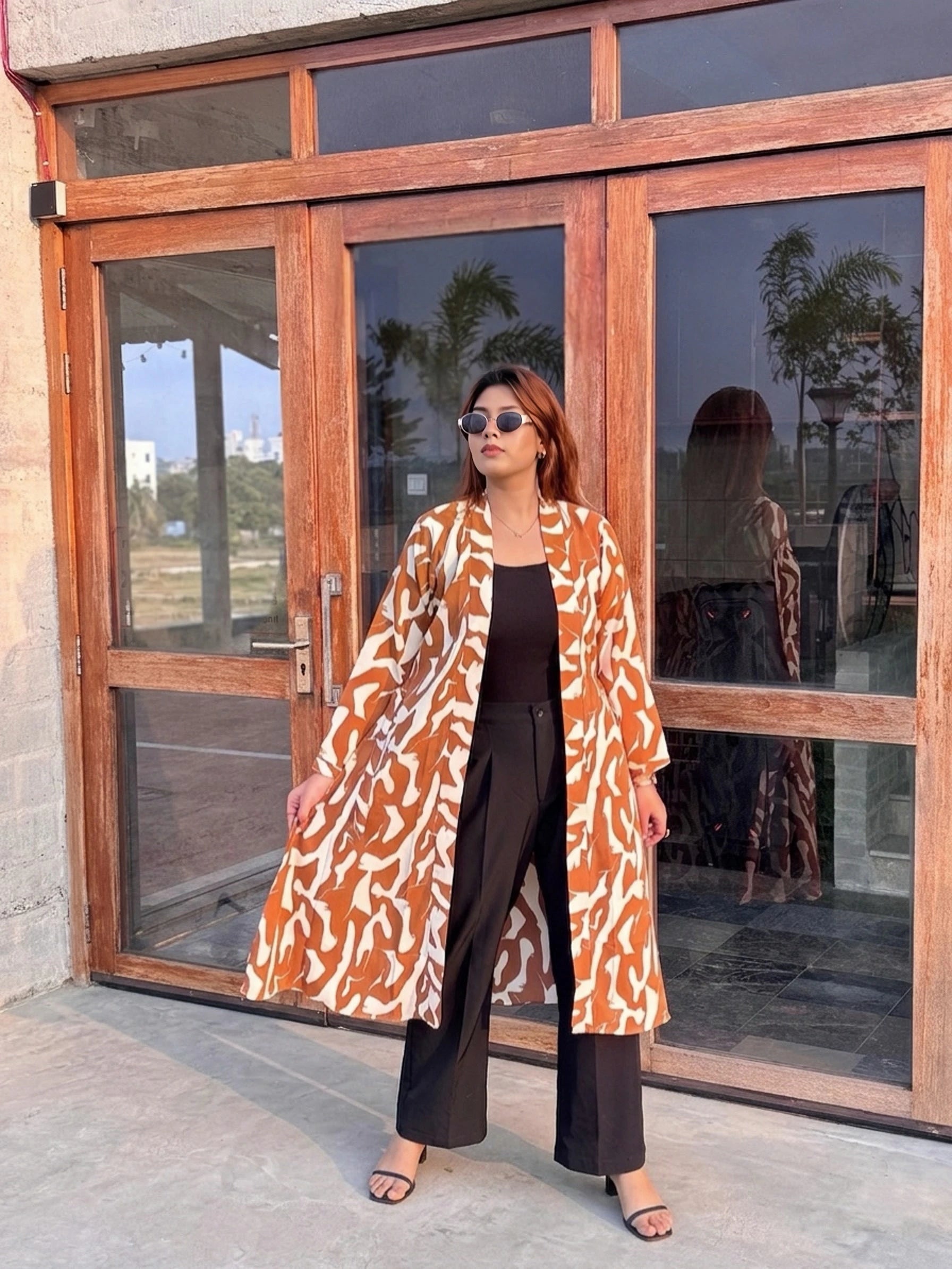 Honey Beige Long Shrug - Elegant Printed Front-Open Statement Layer for Women. Best western fit in bd. long Shrug that can be style with formal pant and tank top available on Trendy Buzz.