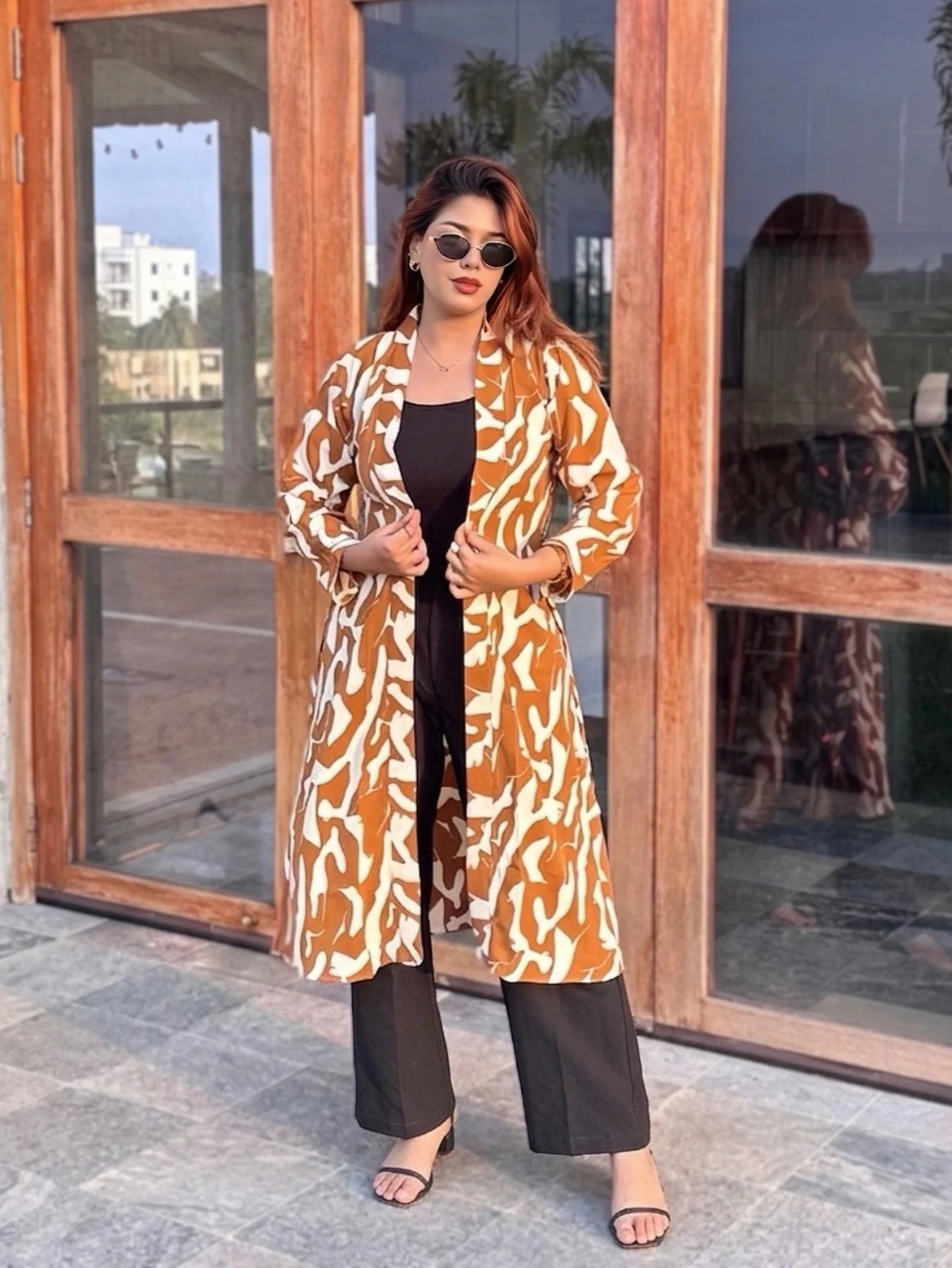 Honey Beige Long Shrug - Elegant Printed Front-Open Statement Layer for Women. Best western fit in bd. long Shrug that can be style with formal pant and tank top available on Trendy Buzz.