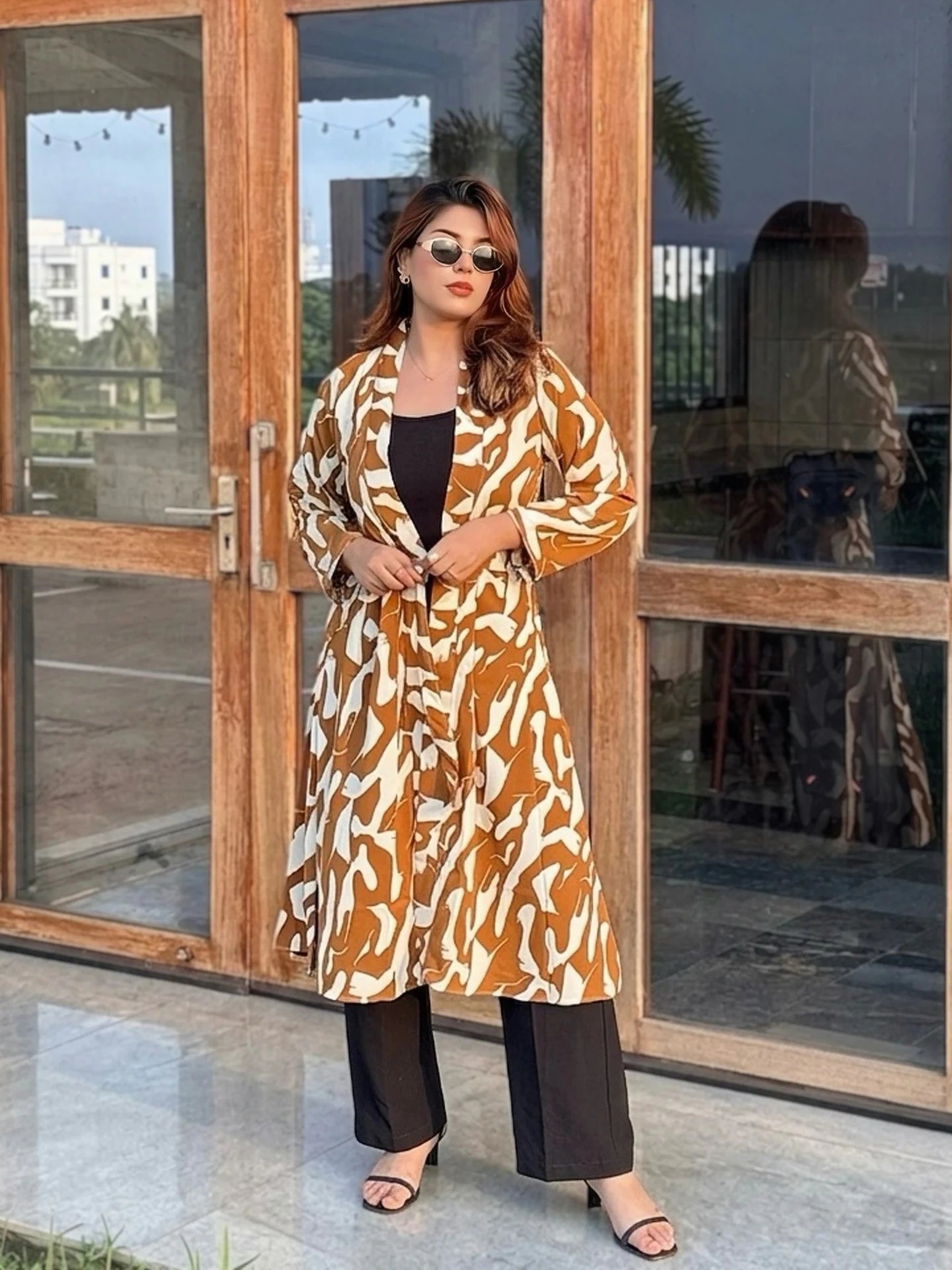 Honey Beige Long Shrug - Elegant Printed Front-Open Statement Layer for Women. Best western fit in bd. long Shrug that can be style with formal pant and tank top available on Trendy Buzz.
