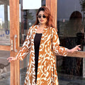 Honey Beige Long Shrug - Elegant Printed Front-Open Statement Layer for Women. Best western fit in bd. long Shrug that can be style with formal pant and tank top available on Trendy Buzz.