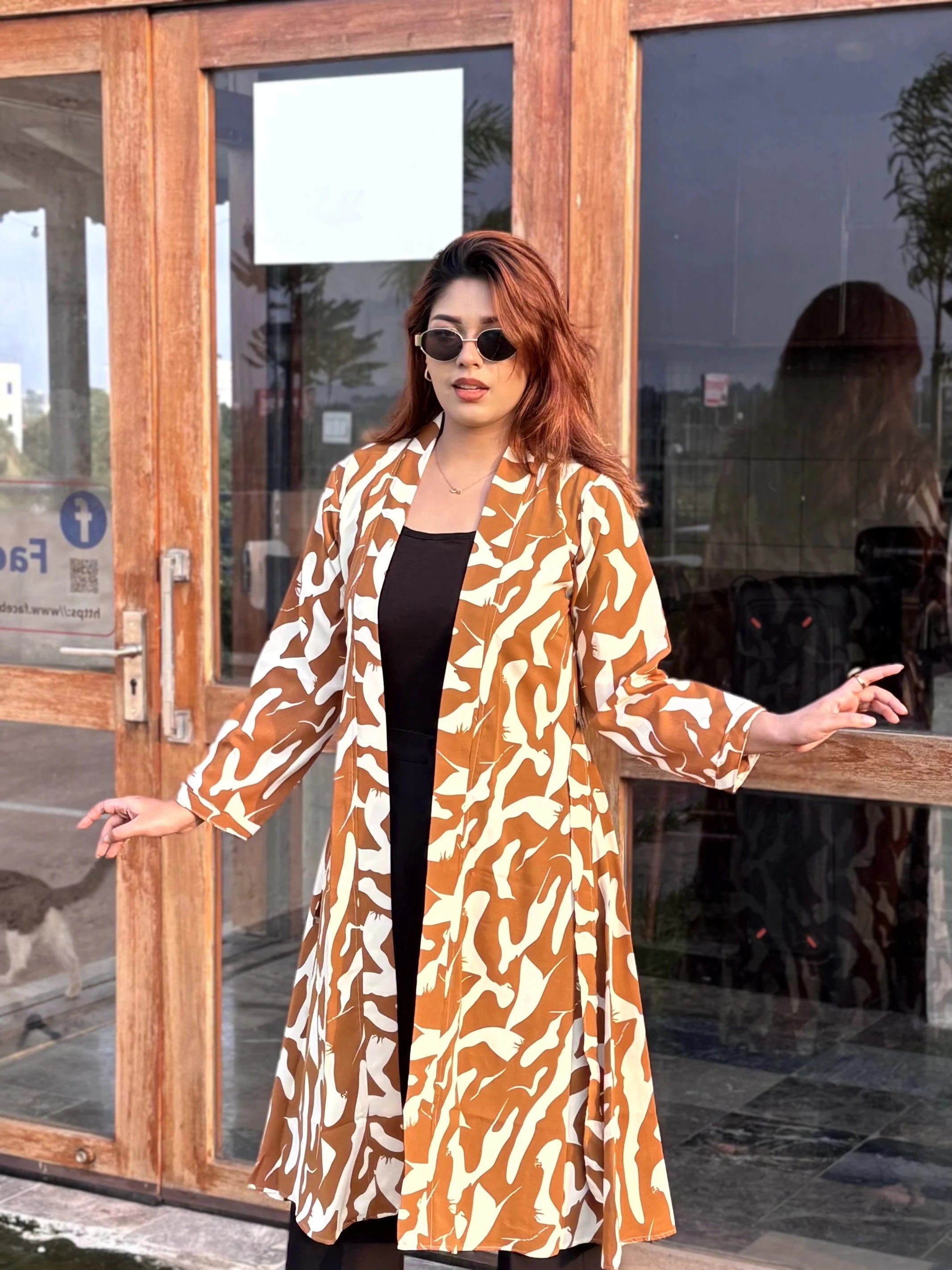 Honey Beige Long Shrug - Elegant Printed Front-Open Statement Layer for Women. Best western fit in bd. long Shrug that can be style with formal pant and tank top available on Trendy Buzz.