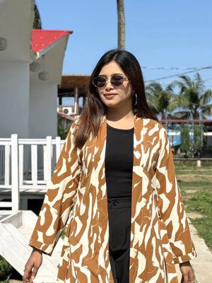 Honey Beige Long Shrug - Elegant Printed Front-Open Statement Layer for Women. Best western fit in bd. long Shrug that can be style with formal pant and tank top available on Trendy Buzz.