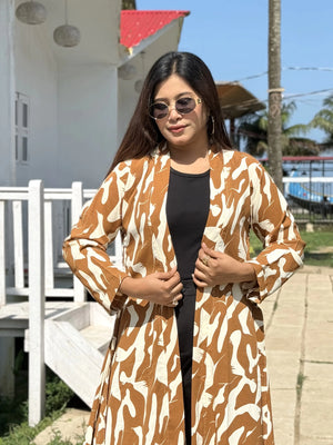 Honey Beige Long Shrug - Elegant Printed Front-Open Statement Layer for Women. Best western fit in bd. long Shrug that can be style with formal pant and tank top available on Trendy Buzz.