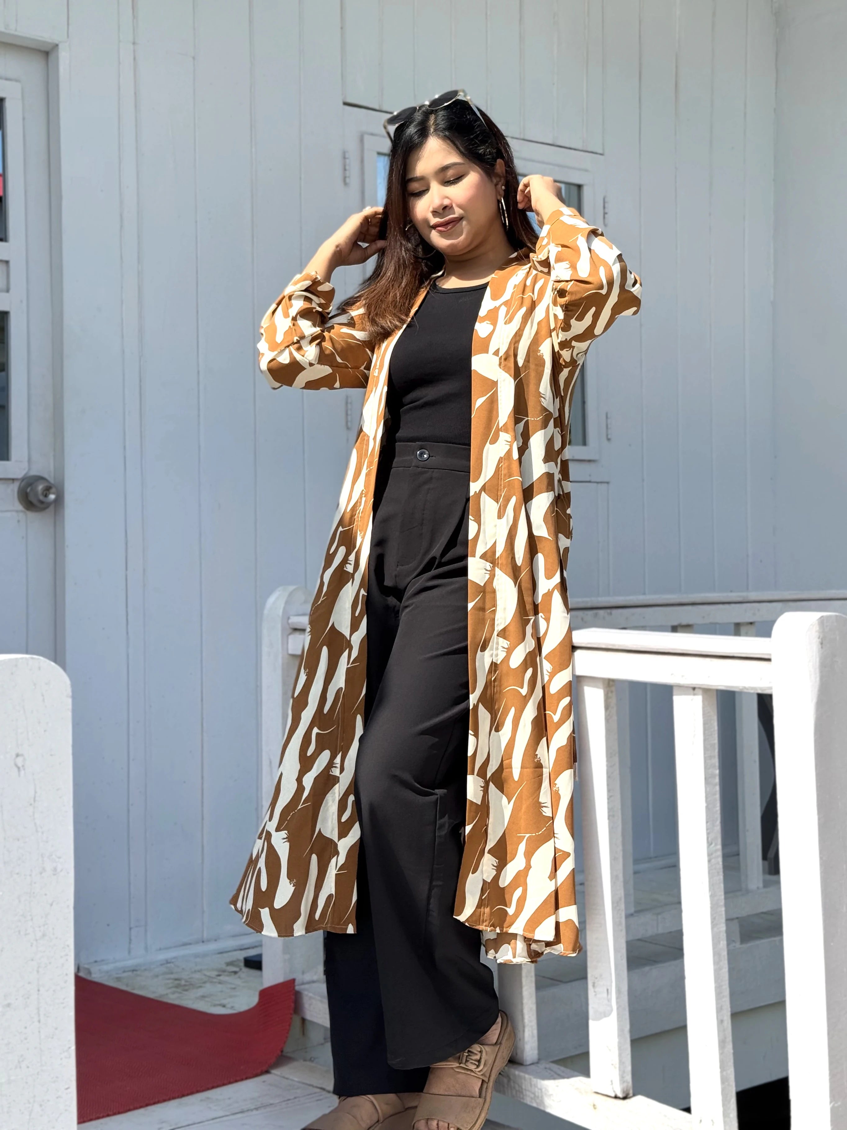 Honey Beige Long Shrug - Elegant Printed Front-Open Statement Layer for Women. Best western fit in bd. long Shrug that can be style with formal pant and tank top available on Trendy Buzz.