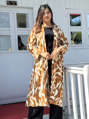 Honey Beige Long Shrug - Elegant Printed Front-Open Statement Layer for Women. Best western fit in bd. long Shrug that can be style with formal pant and tank top available on Trendy Buzz.
