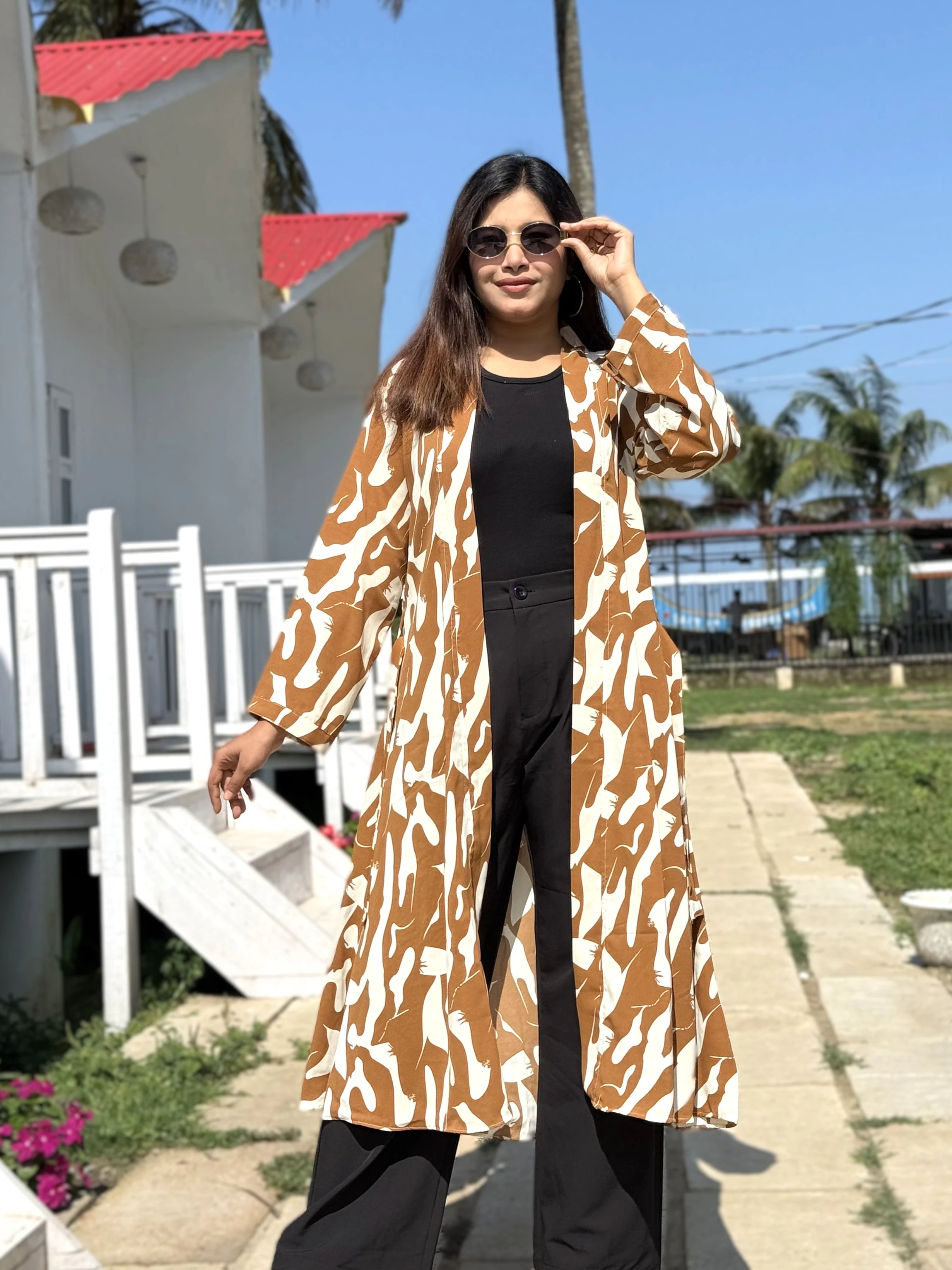 Honey Beige Long Shrug - Elegant Printed Front-Open Statement Layer for Women. Best western fit in bd. long Shrug that can be style with formal pant and tank top available on Trendy Buzz.