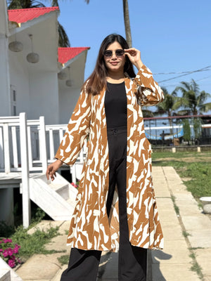 Honey Beige Long Shrug - Elegant Printed Front-Open Statement Layer for Women. Best western fit in bd. long Shrug that can be style with formal pant and tank top available on Trendy Buzz.