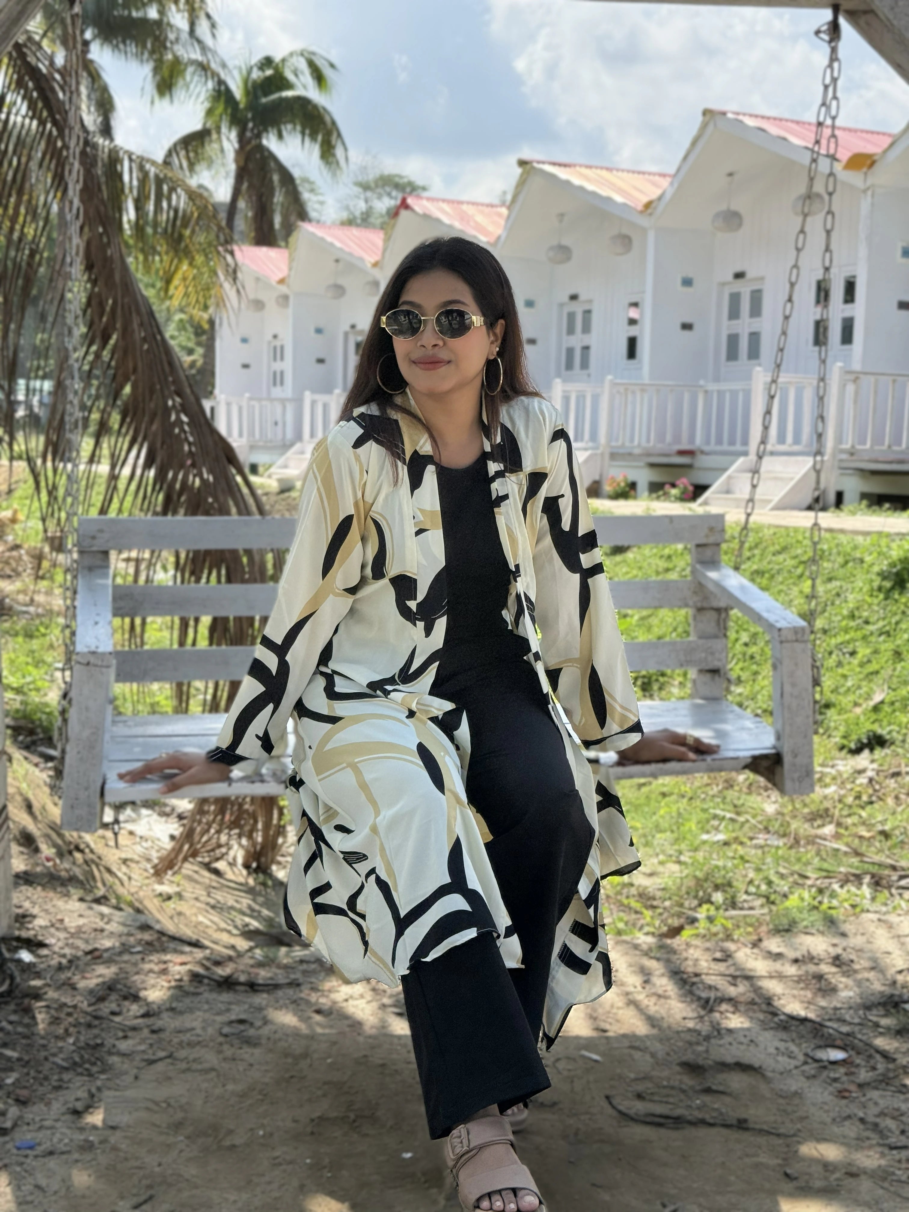 Golden Ivory Long Shrug – Abstract Elegance Printed Premium Layer for Women. Best western Fit that can be used as vacation fits, office days, summer hot days or more.Trendy Buzz.