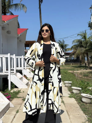 Golden Ivory Long Shrug – Abstract Elegance Printed Premium Layer for Women. Best western Fit that can be used as vacation fits, office days, summer hot days or more.Trendy Buzz.