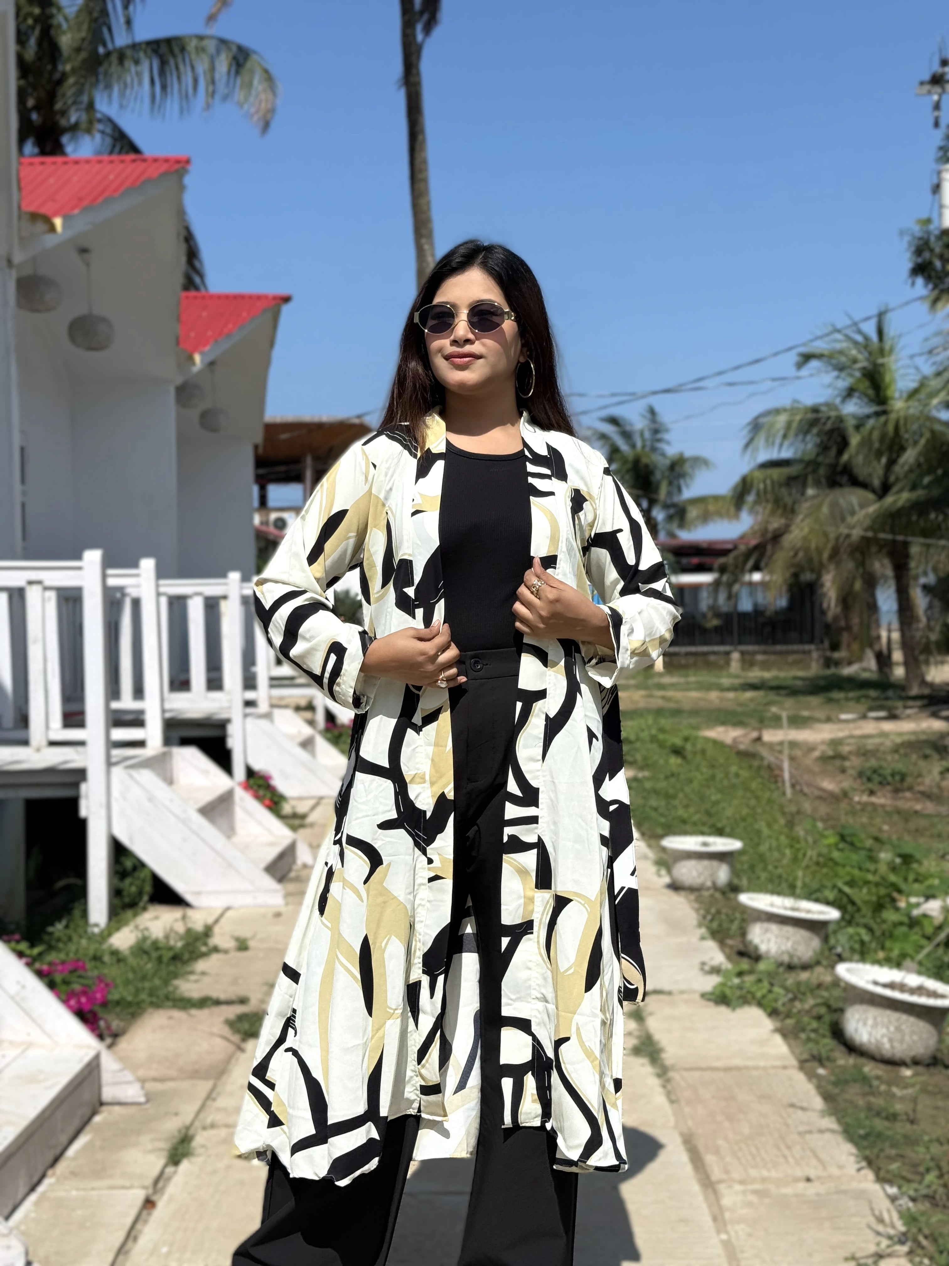 Golden Ivory Long Shrug – Abstract Elegance Printed Premium Layer for Women. Best western Fit that can be used as vacation fits, office days, summer hot days or more.Trendy Buzz.