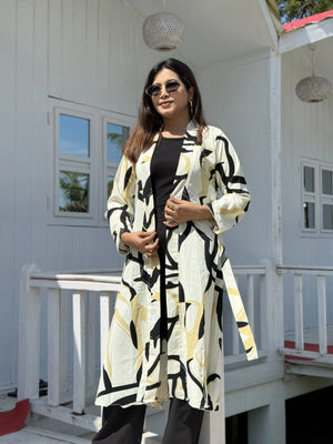 Golden Ivory Long Shrug – Abstract Elegance Printed Premium Layer for Women. Best western Fit that can be used as vacation fits, office days, summer hot days or more.Trendy Buzz.