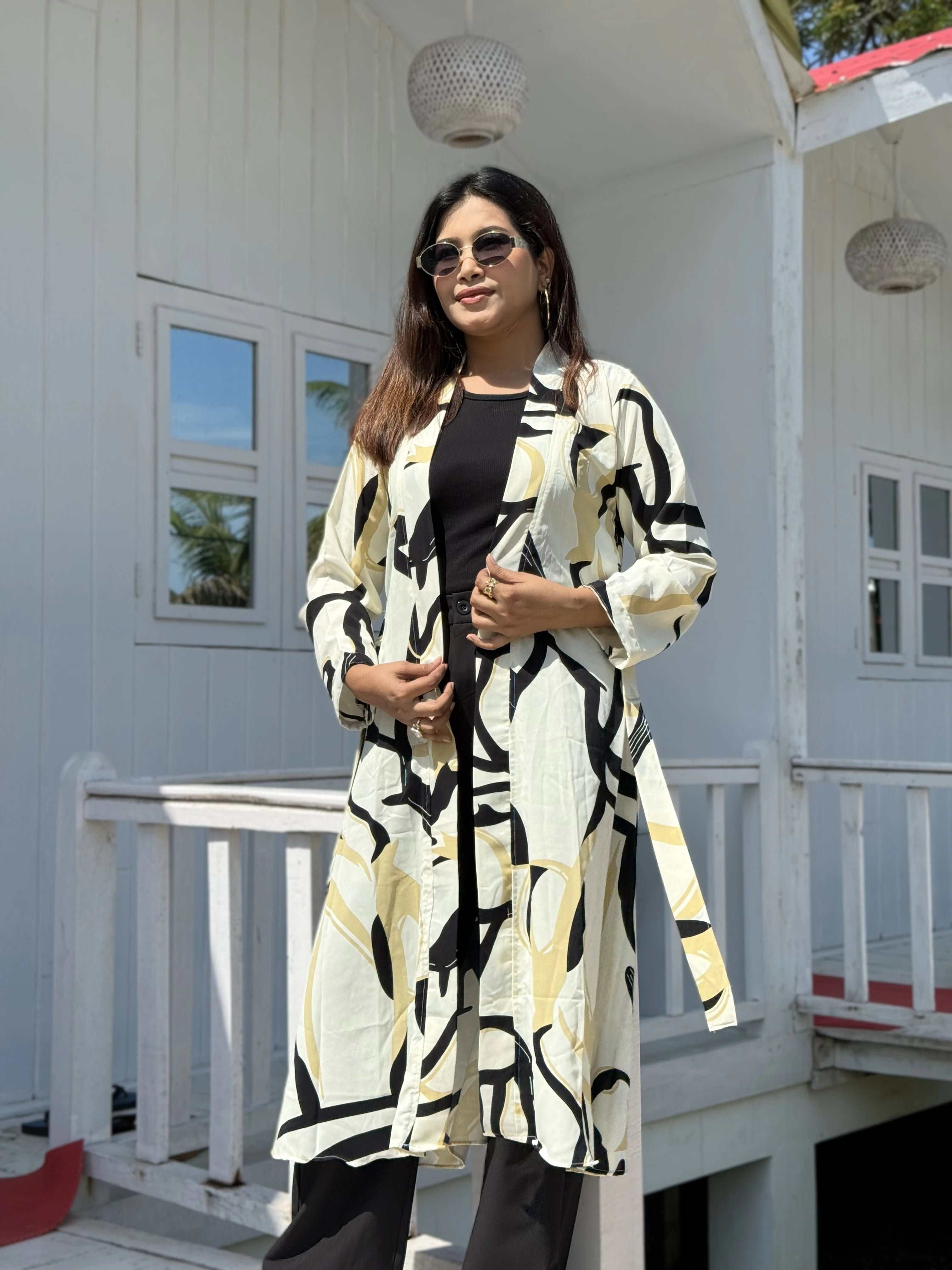 Golden Ivory Long Shrug – Abstract Elegance Printed Premium Layer for Women. Best western Fit that can be used as vacation fits, office days, summer hot days or more.Trendy Buzz.