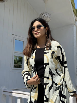 Golden Ivory Long Shrug – Abstract Elegance Printed Premium Layer for Women. Best western Fit that can be used as vacation fits, office days, summer hot days or more.Trendy Buzz.