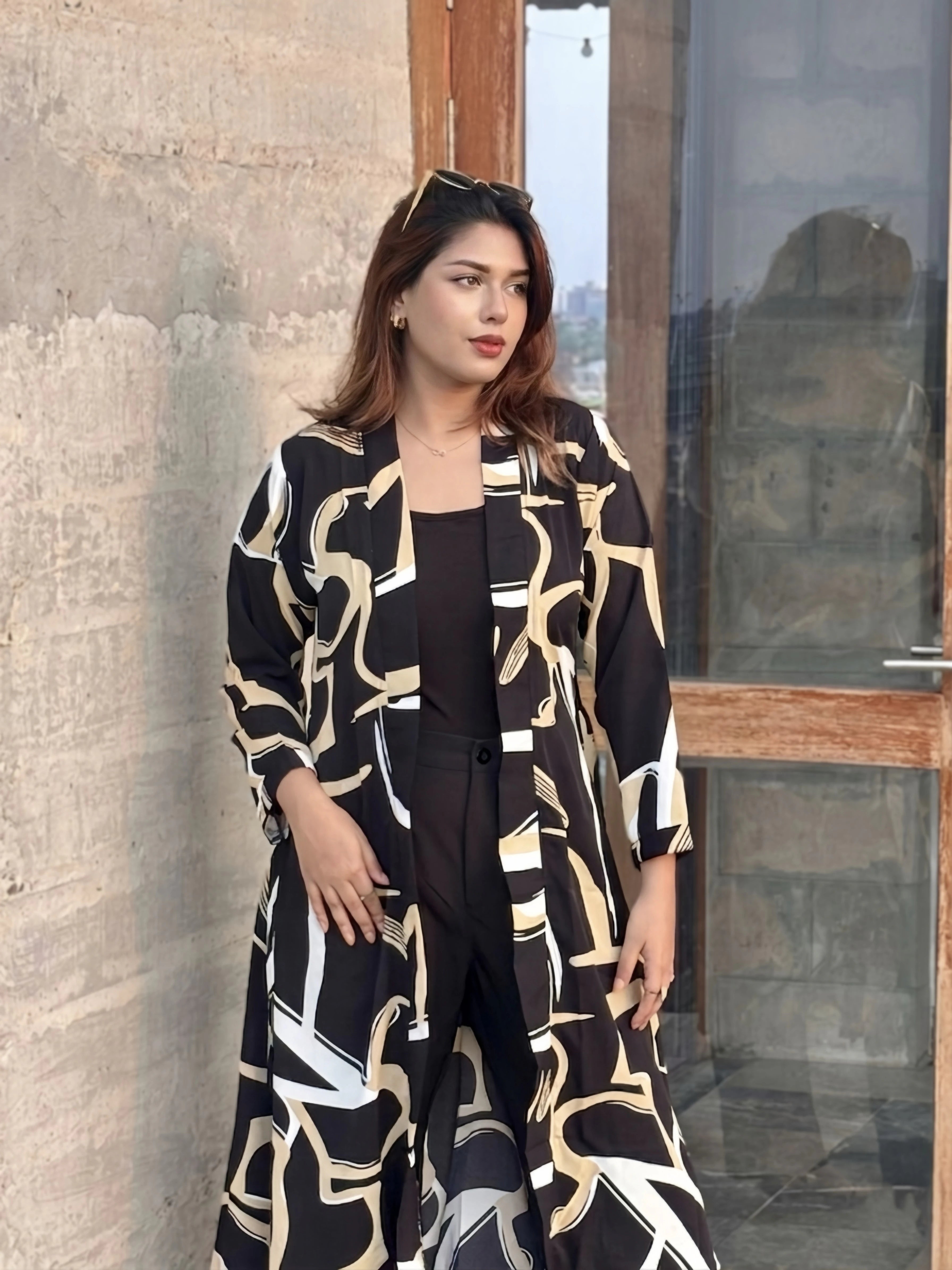 Earthline Black Printed Long Shrug – Premium Abstract Statement Layer for Women that can be used for Vacation days,Office busy days or Uni Fits in BD. Long Shrug that Defines your beauty. Trendy Buzz.
