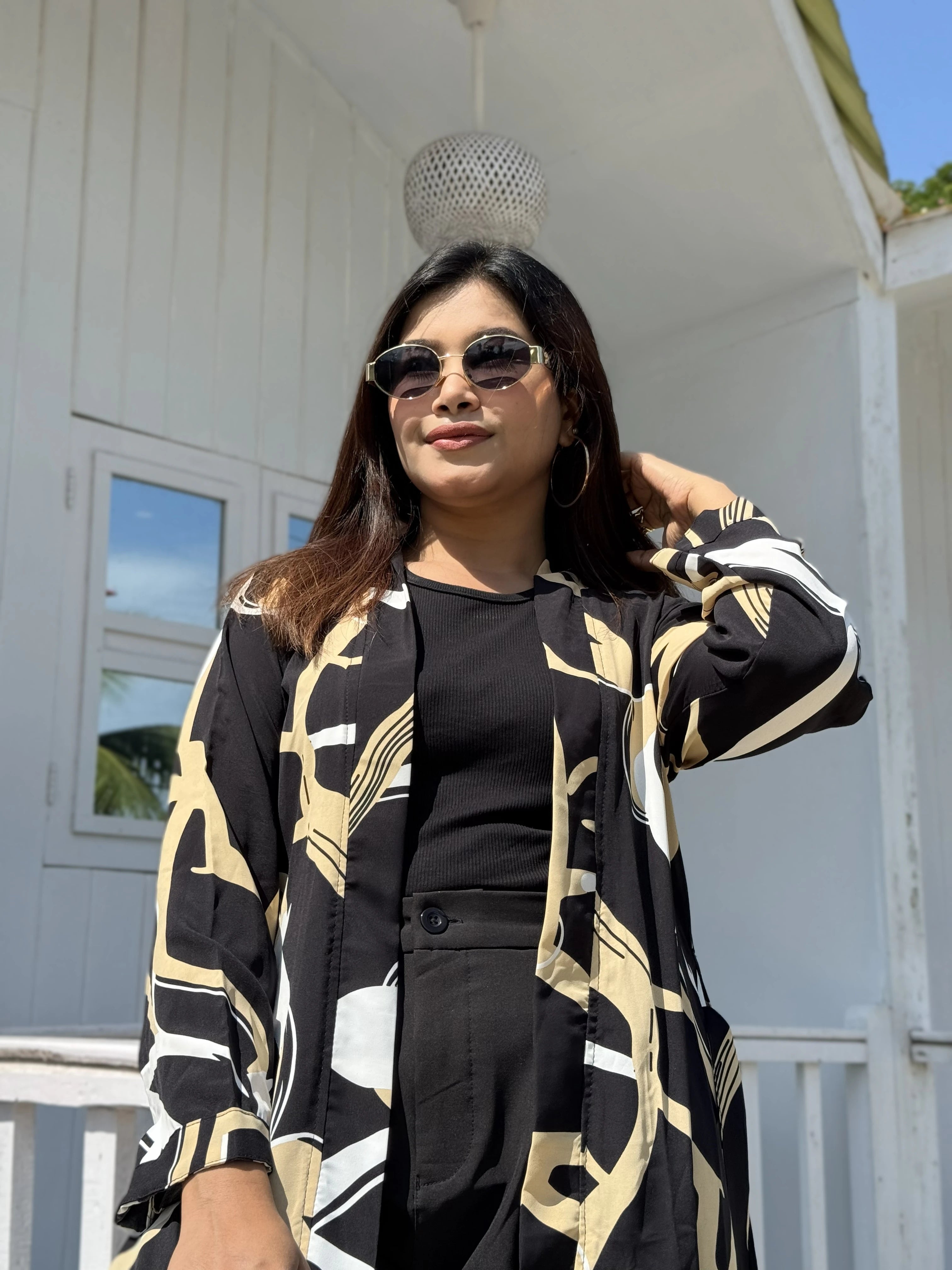 Earthline Black Printed Long Shrug – Premium Abstract Statement Layer for Women that can be used for Vacation days,Office busy days or Uni Fits in BD. Long Shrug that Defines your beauty. Trendy Buzz.