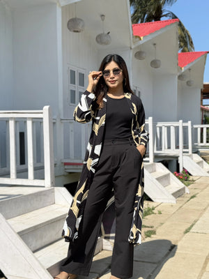 Earthline Black Printed Long Shrug – Premium Abstract Statement Layer for Women that can be used for Vacation days,Office busy days or Uni Fits in BD. Long Shrug that Defines your beauty. Trendy Buzz.