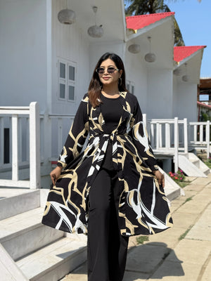 Earthline Black Printed Long Shrug – Premium Abstract Statement Layer for Women that can be used for Vacation days,Office busy days or Uni Fits in BD. Long Shrug that Defines your beauty. Trendy Buzz.