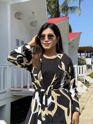 Earthline Black Printed Long Shrug – Premium Abstract Statement Layer for Women that can be used for Vacation days,Office busy days or Uni Fits in BD. Long Shrug that Defines your beauty. Trendy Buzz.