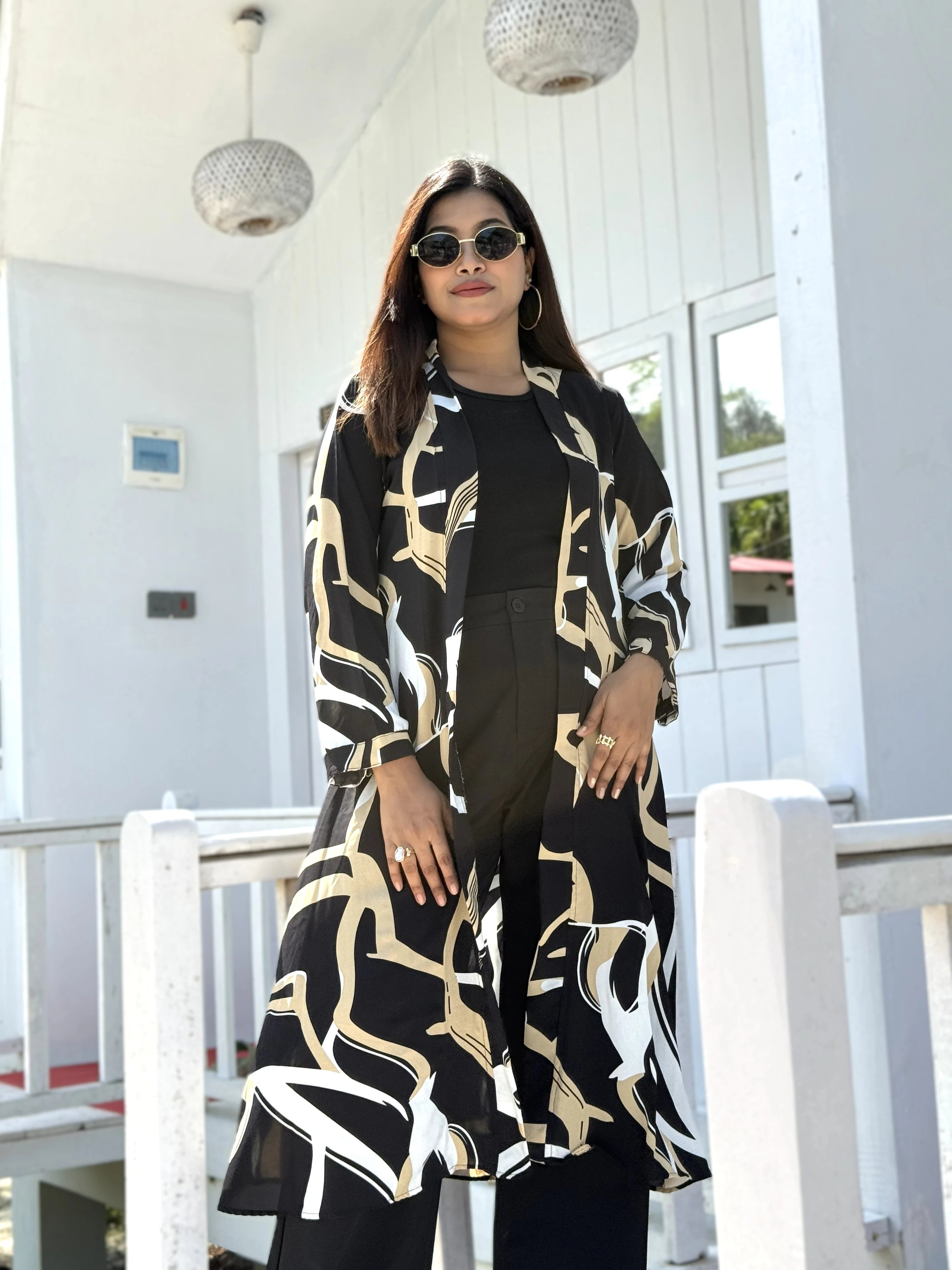 Earthline Black Printed Long Shrug – Premium Abstract Statement Layer for Women that can be used for Vacation days,Office busy days or Uni Fits in BD. Long Shrug that Defines your beauty. Trendy Buzz.