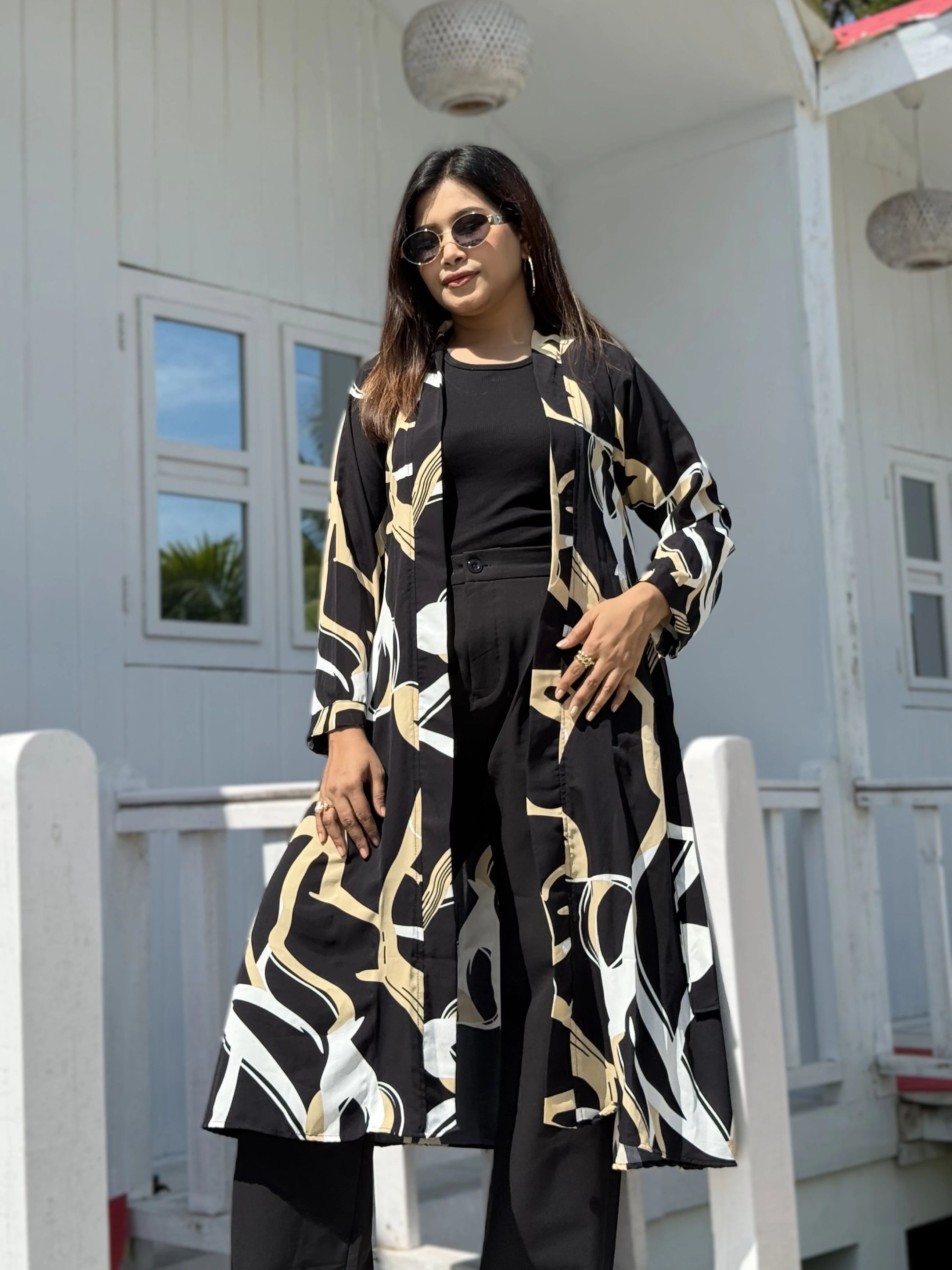 Earthline Black Printed Long Shrug – Premium Abstract Statement Layer for Women that can be used for Vacation days,Office busy days or Uni Fits in BD. Long Shrug that Defines your beauty. Trendy Buzz.