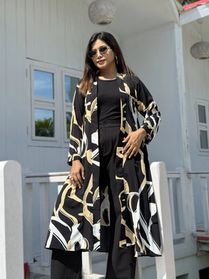 Earthline Black Printed Long Shrug – Premium Abstract Statement Layer for Women that can be used for Vacation days,Office busy days or Uni Fits in BD. Long Shrug that Defines your beauty. Trendy Buzz.