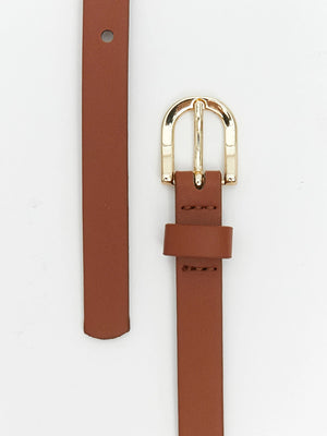 A brown leather belt with a polished gold-tone metal buckle, shown on a clean white background with a close-up detail of the buckle and strap.