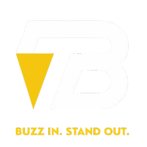 Yellow triangle with text 'BUZZ IN. STAND OUT.' on a white background