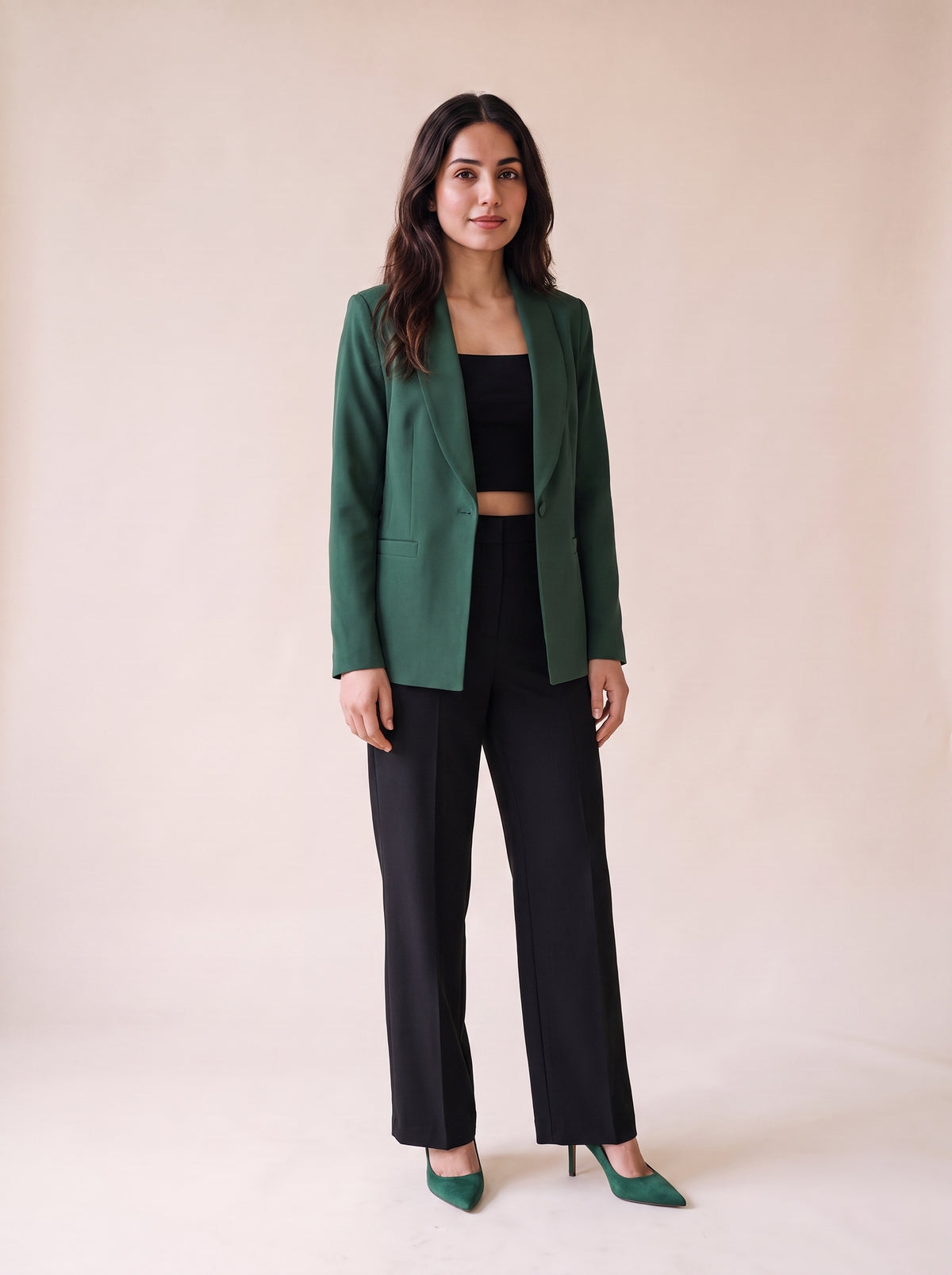 Women's 1 button solid green blazer with structured silhouette. trendy buzz bd. 