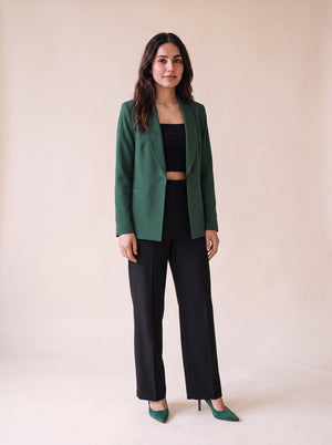 Women's 1 button solid green blazer with structured silhouette. trendy buzz bd. 
