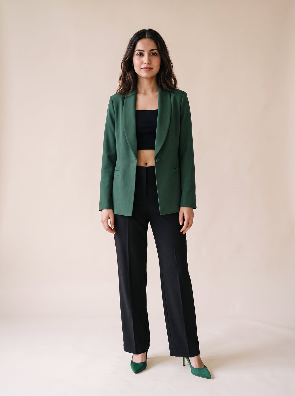 Women's 1 button solid green blazer with structured silhouette. trendy buzz bd. 
