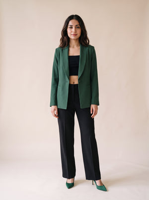 Women's 1 button solid green blazer with structured silhouette. trendy buzz bd. 