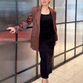 woman wearing choco brown satin party blazer trendy buzz