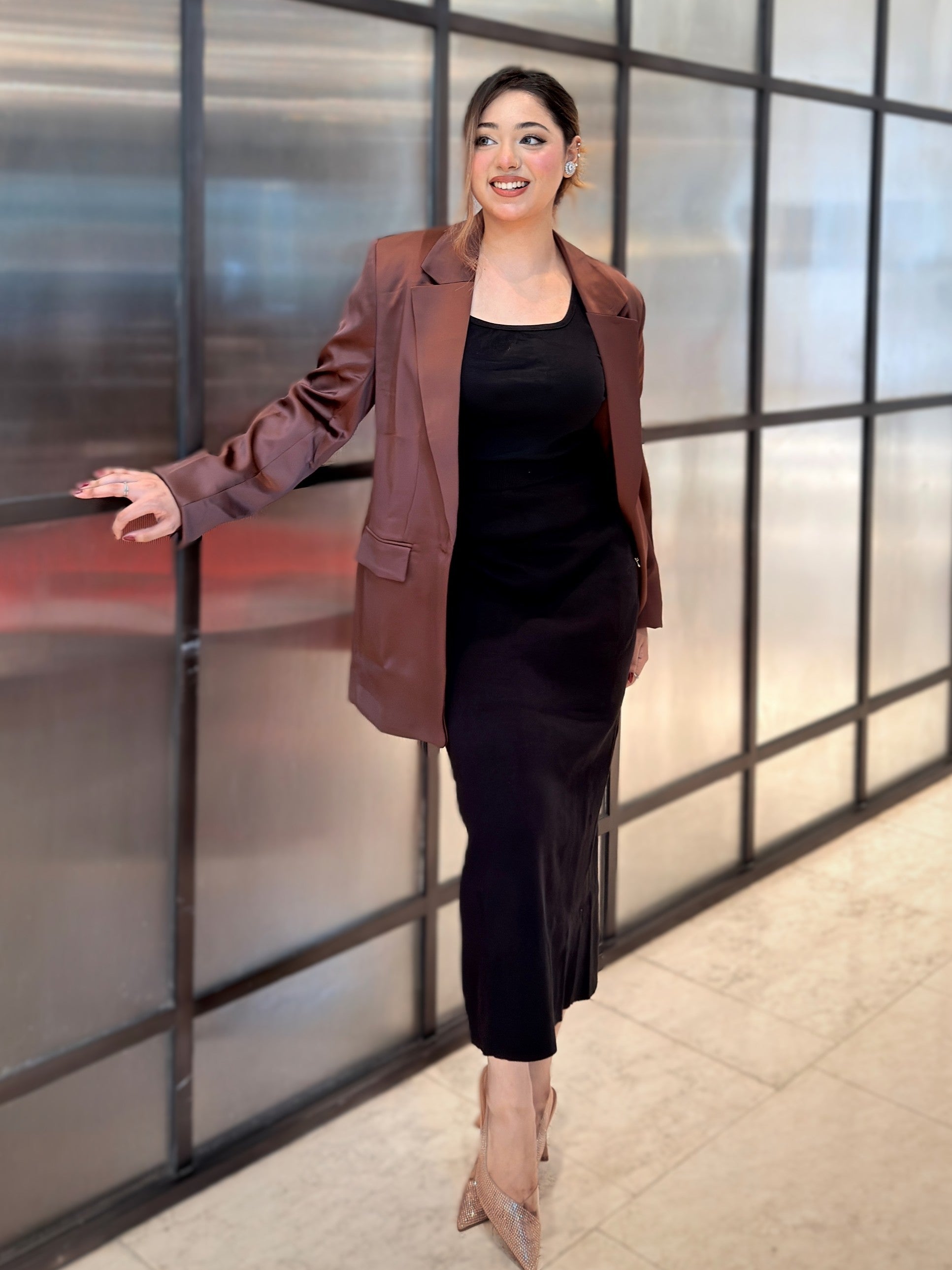 woman wearing choco brown satin party blazer trendy buzz