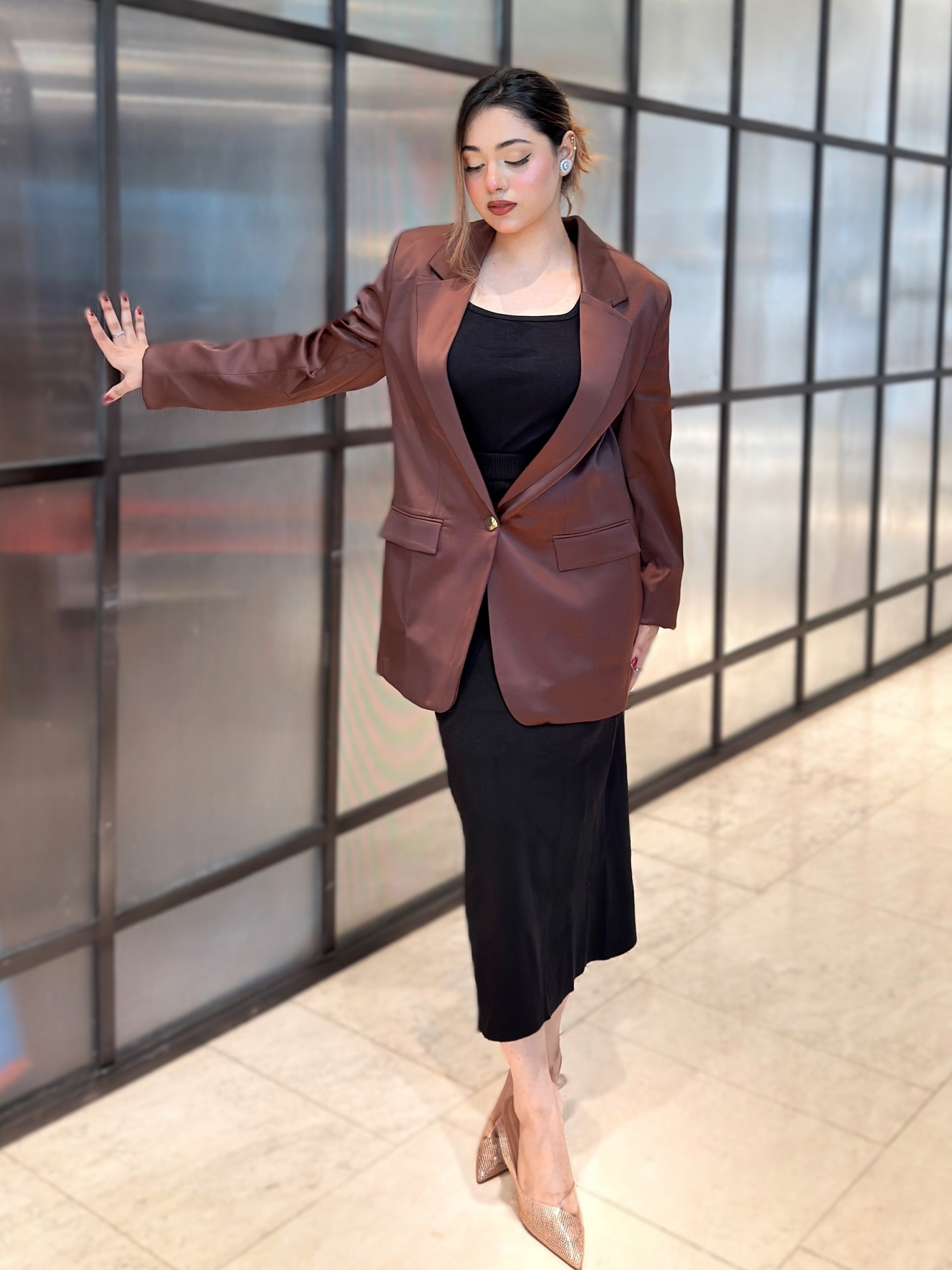 woman wearing choco brown satin party blazer trendy buzz