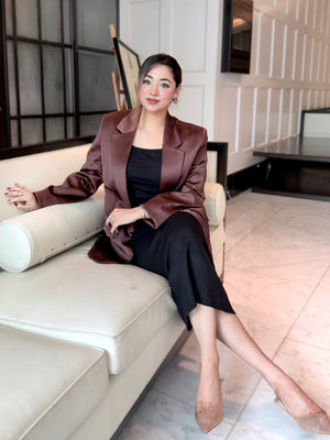 woman wearing choco brown satin party blazer trendy buzz