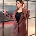 woman wearing choco brown satin party blazer trendy buzz