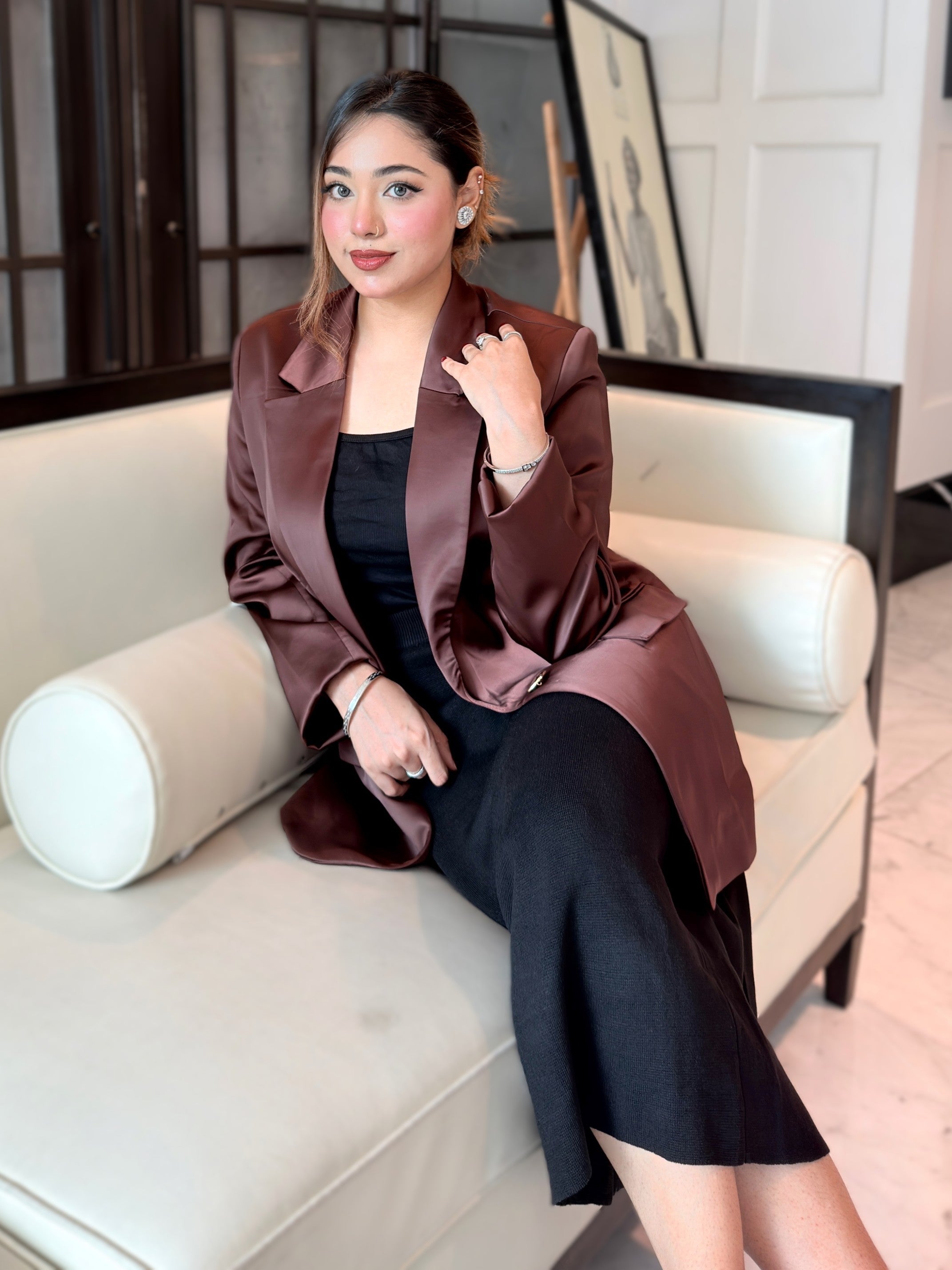 woman wearing choco brown satin party blazer trendy buzz
