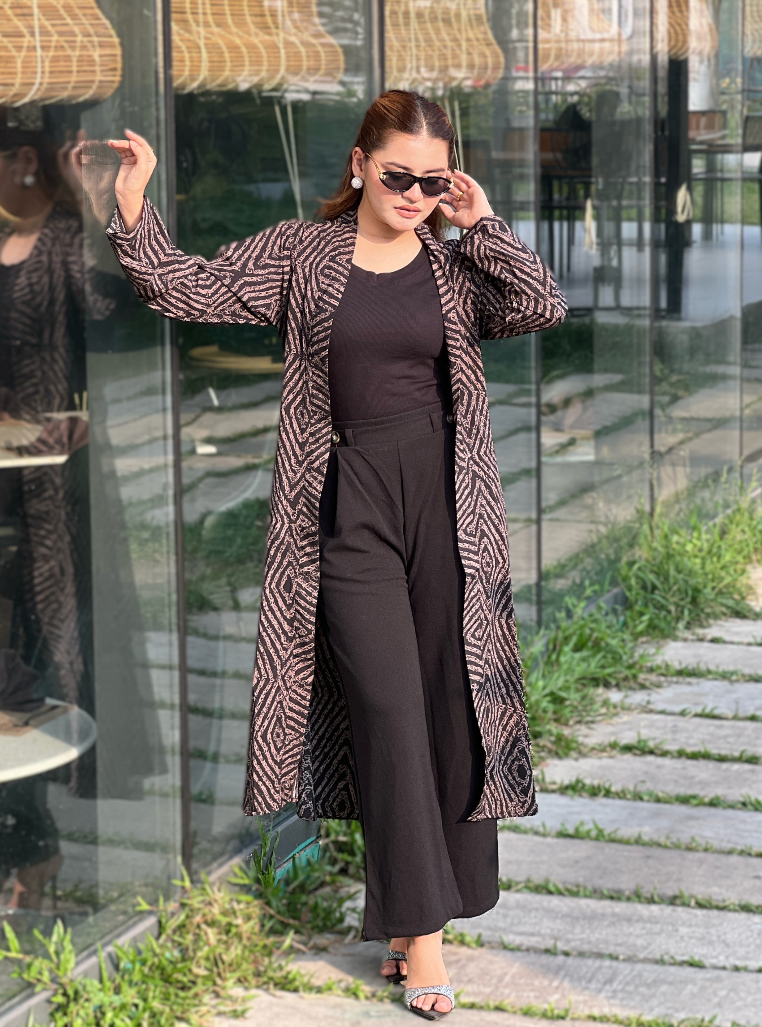 women wearing premium printted Long Shrug with inner round neck top + Formal pant from Trendy Buzz.
