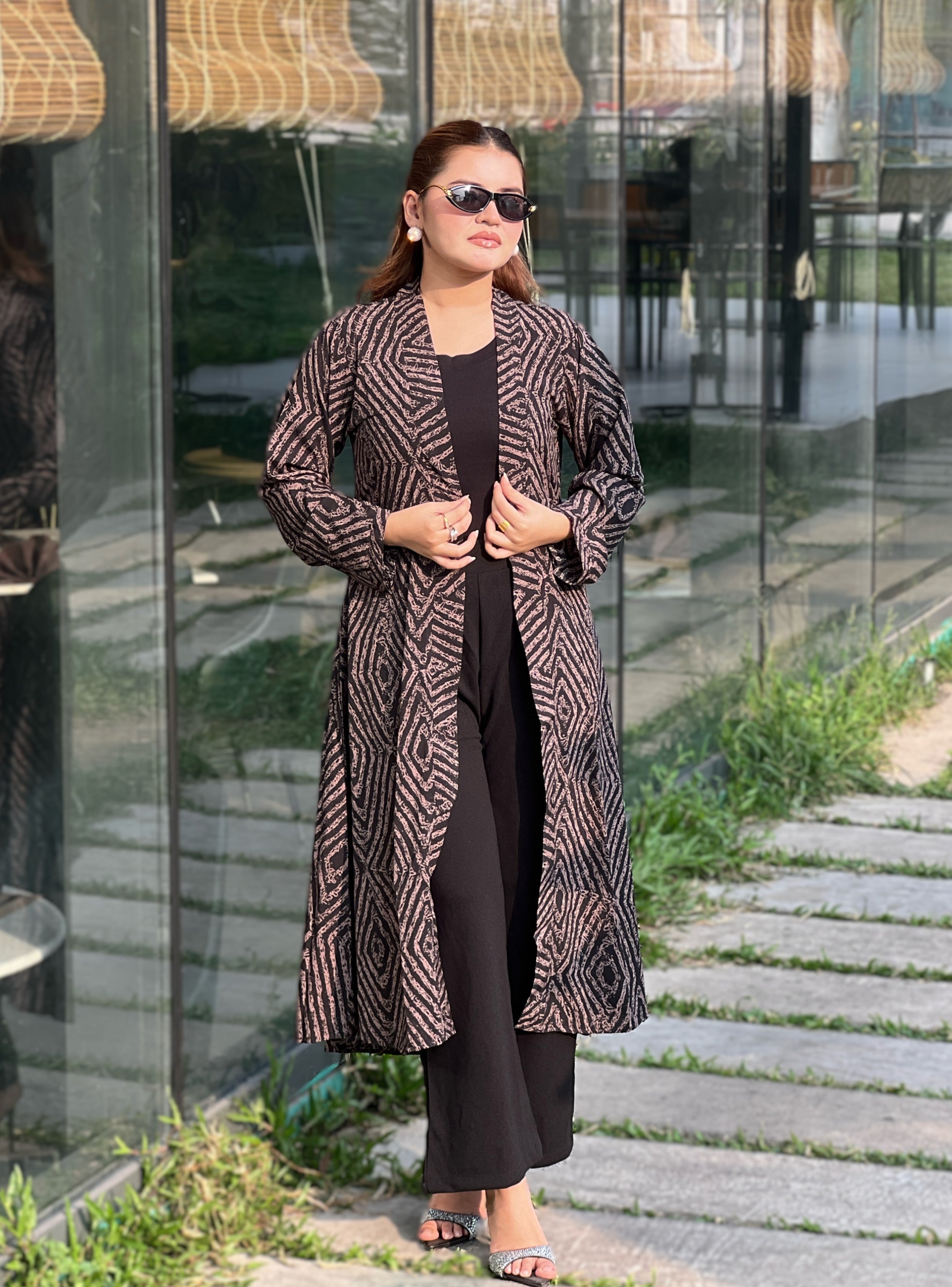 women wearing premium printted Long Shrug with inner round neck top + Formal pant from Trendy Buzz.