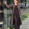 women wearing premium printted Long Shrug with inner round neck top + Formal pant from Trendy Buzz.