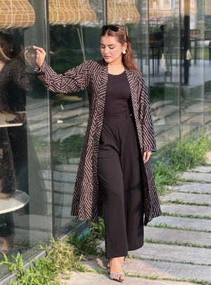 women wearing premium printted Long Shrug with inner round neck top + Formal pant from Trendy Buzz.