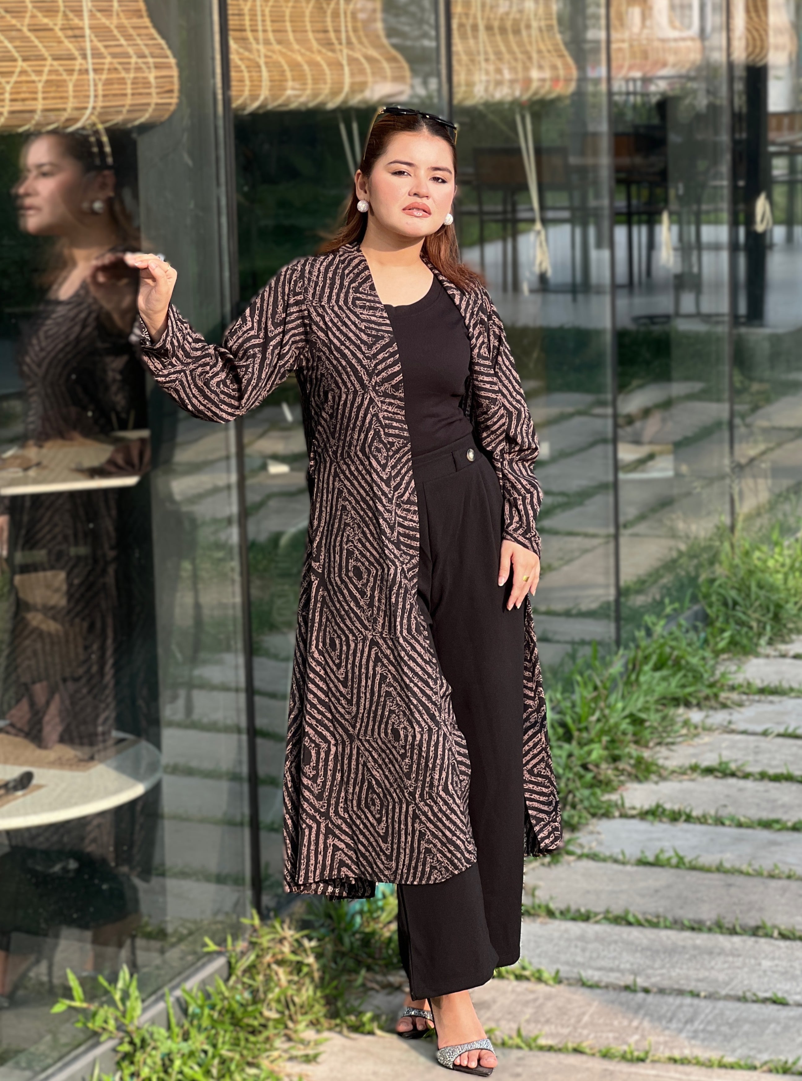 women wearing premium printted Long Shrug with inner round neck top + Formal pant from Trendy Buzz.