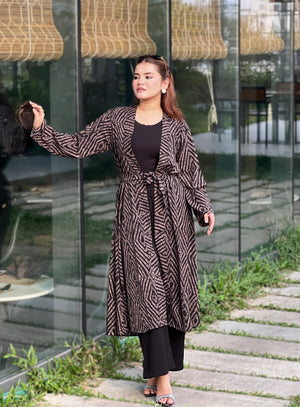 women wearing premium printted Long Shrug with inner round neck top + Formal pant from Trendy Buzz.