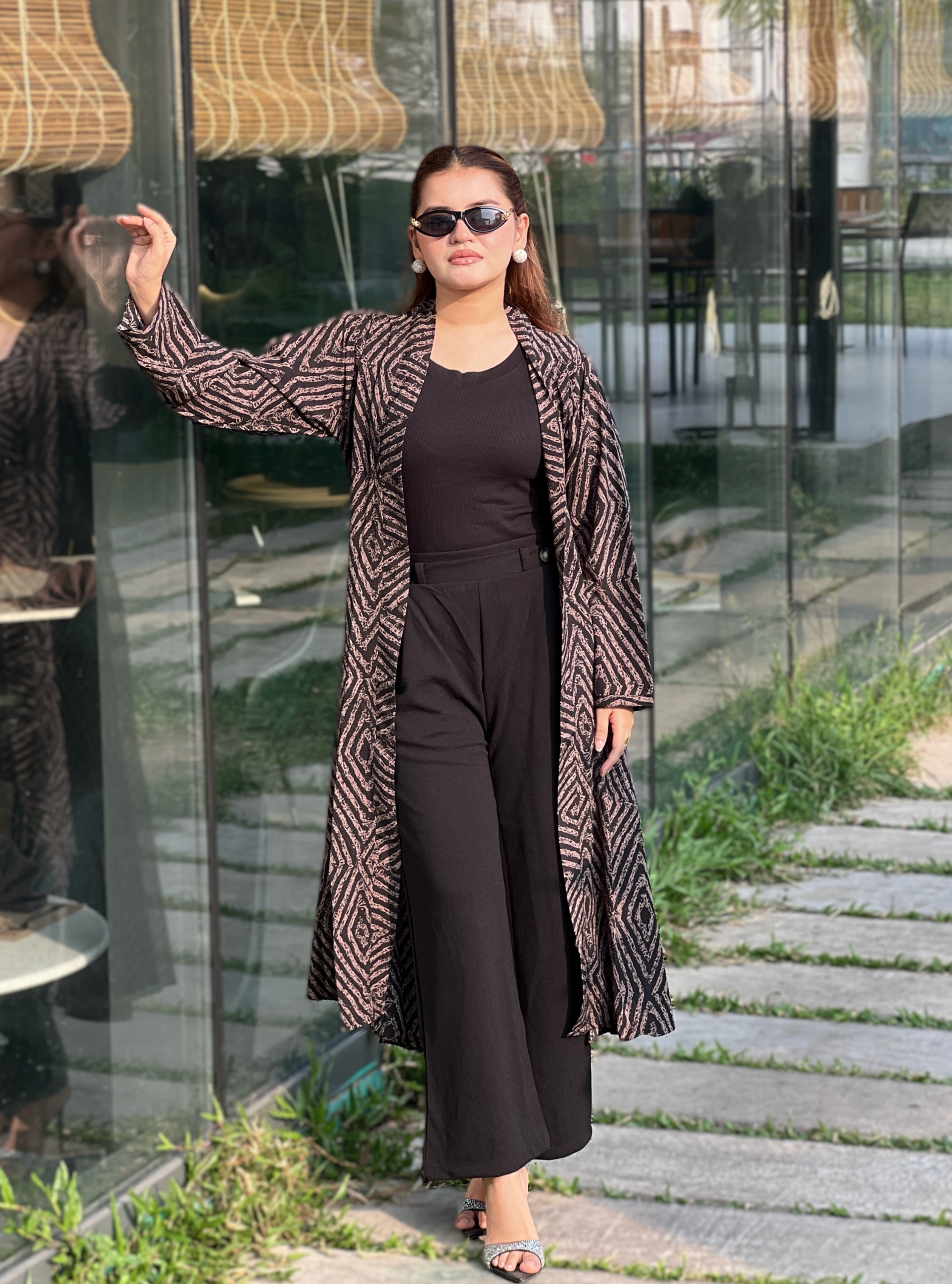women wearing premium printted Long Shrug with inner round neck top + Formal pant from Trendy Buzz.