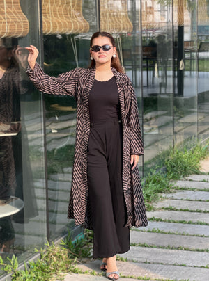 women wearing premium printted Long Shrug with inner round neck top + Formal pant from Trendy Buzz.