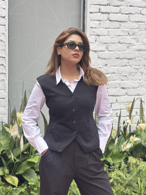 women's best black vest styling with white formal shirt and black formal pant. Trendy Buzz BD.