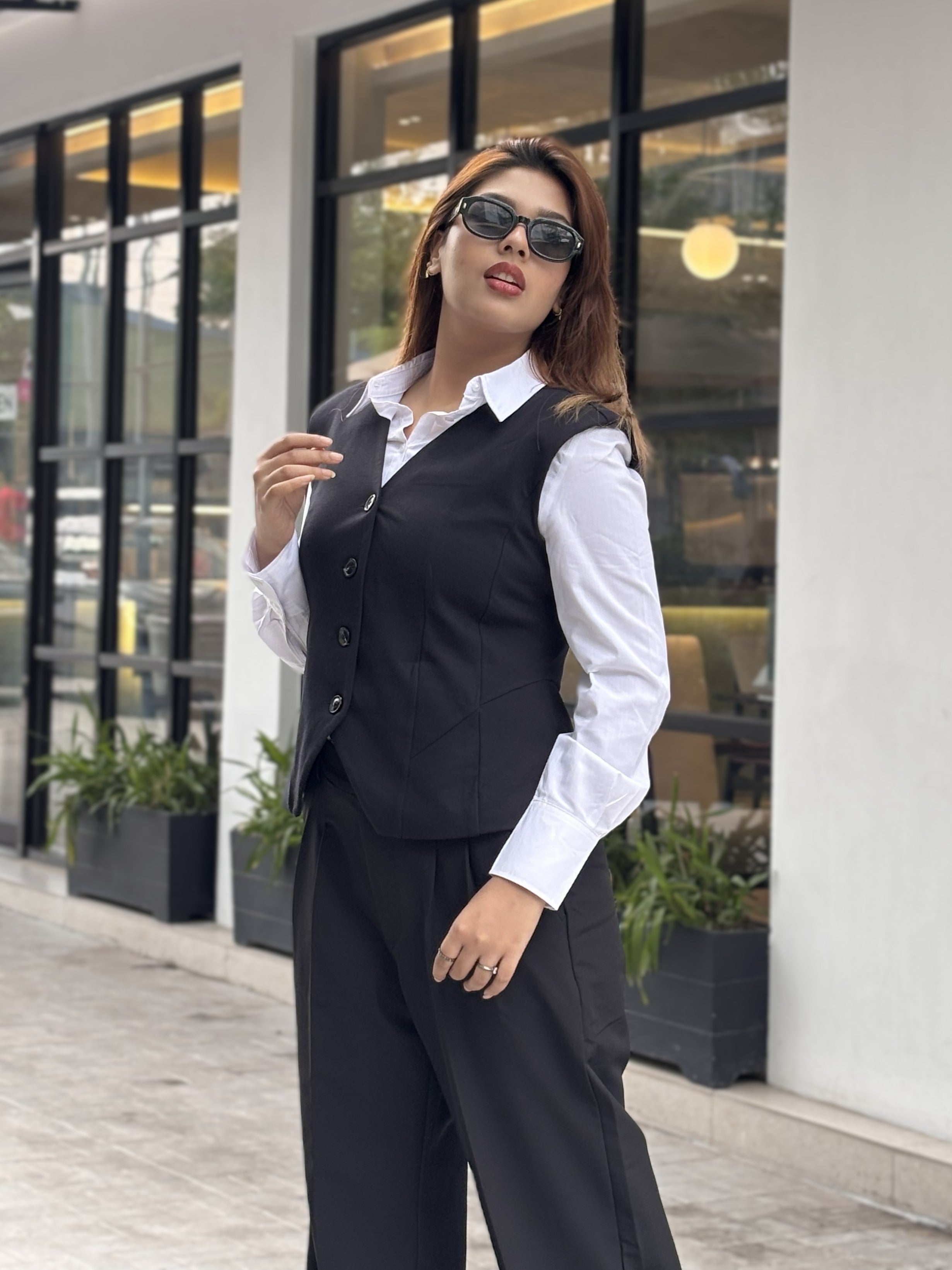women's best black vest styling with white formal shirt and black formal pant. Trendy Buzz BD.