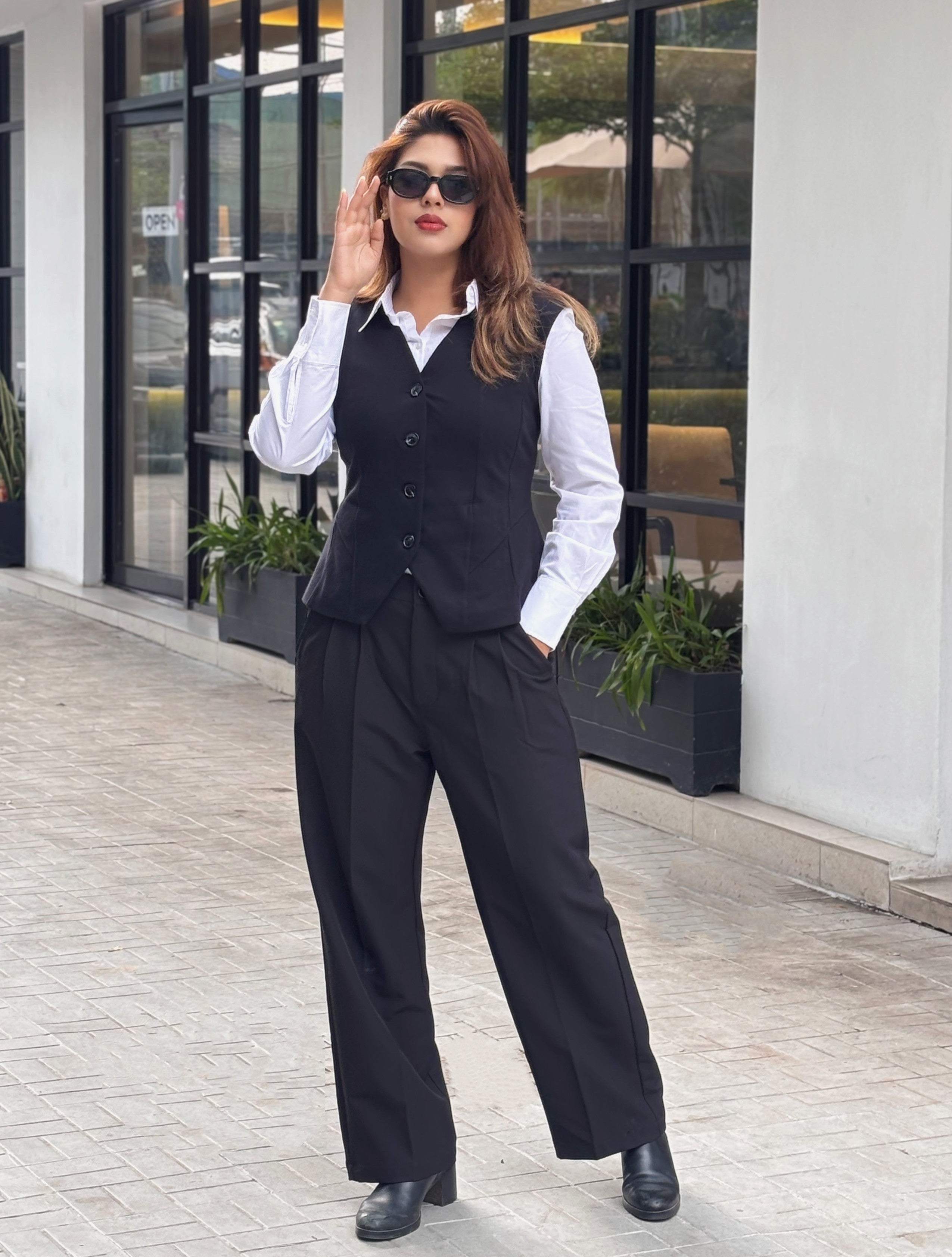women's best black vest styling with white formal shirt and black formal pant. Trendy Buzz BD.